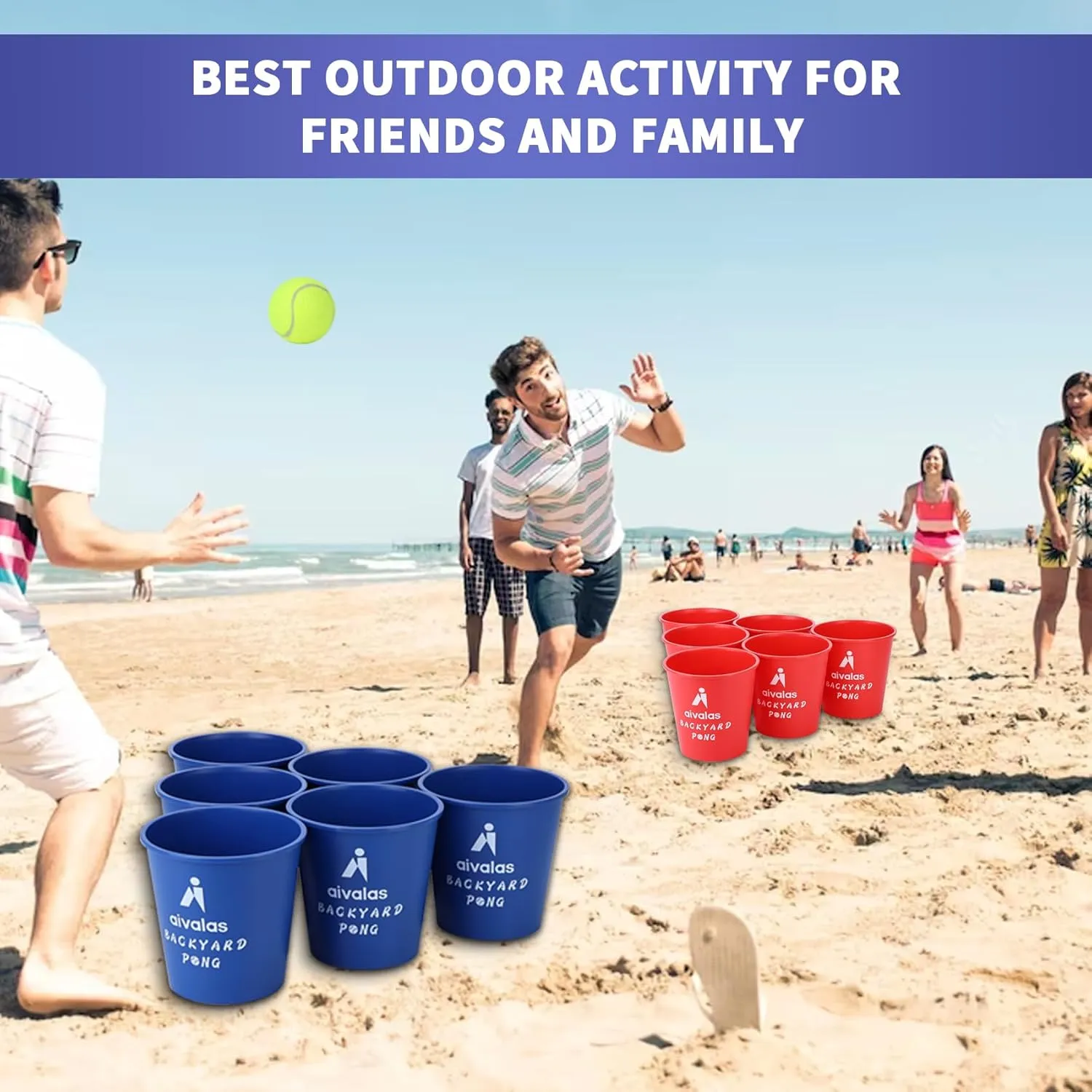 Yard Pong Outdoor Games, Giant Yard Games Set with 12 Buckets and Balls for Adults and Family, Toss Game Throwing Games for Beach, Camping, Lawn and Backyard