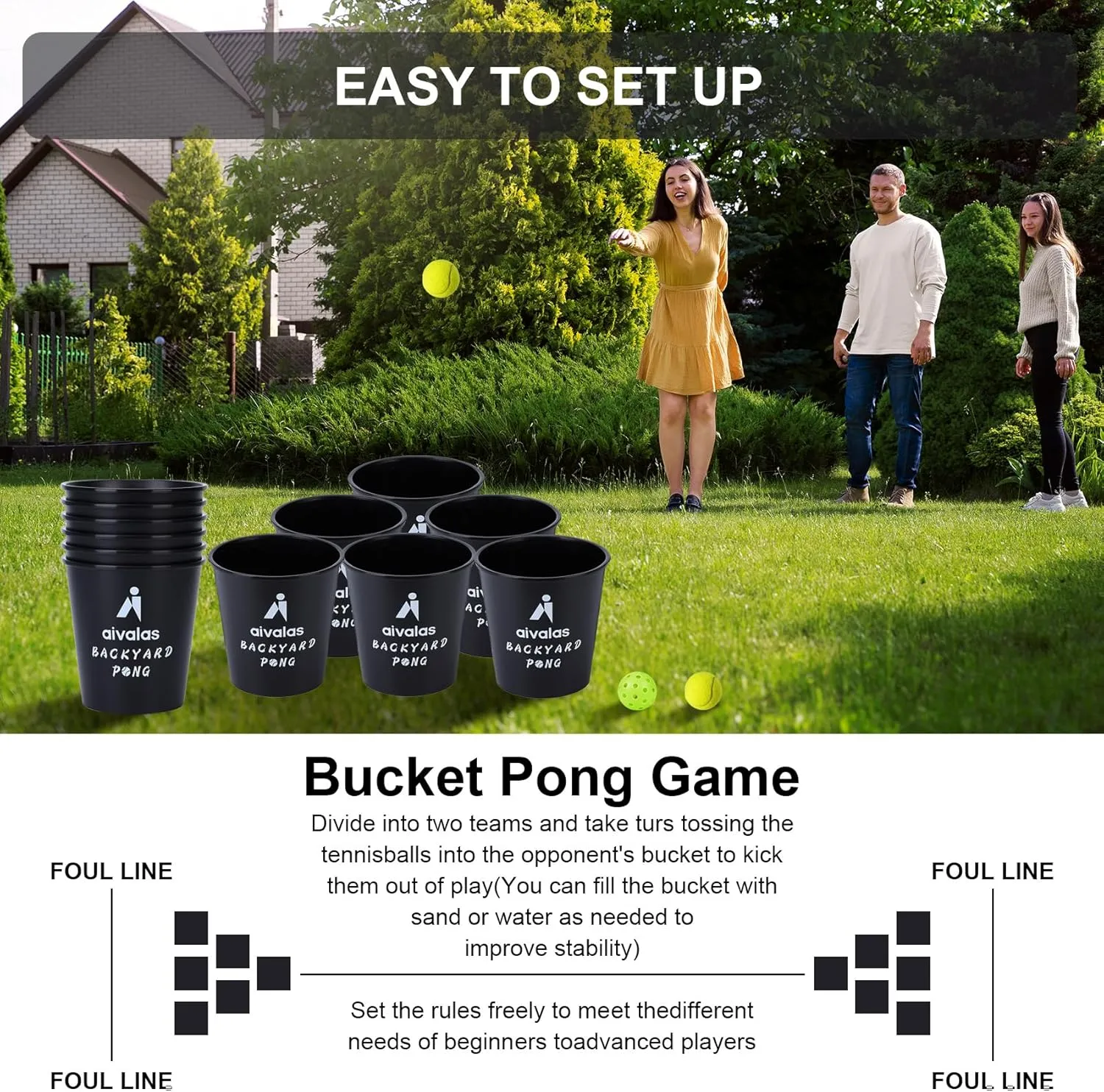 Yard Pong Outdoor Games, Giant Yard Games Set with 12 Buckets and Balls for Adults and Family, Toss Game Throwing Games for Beach, Camping, Lawn and Backyard