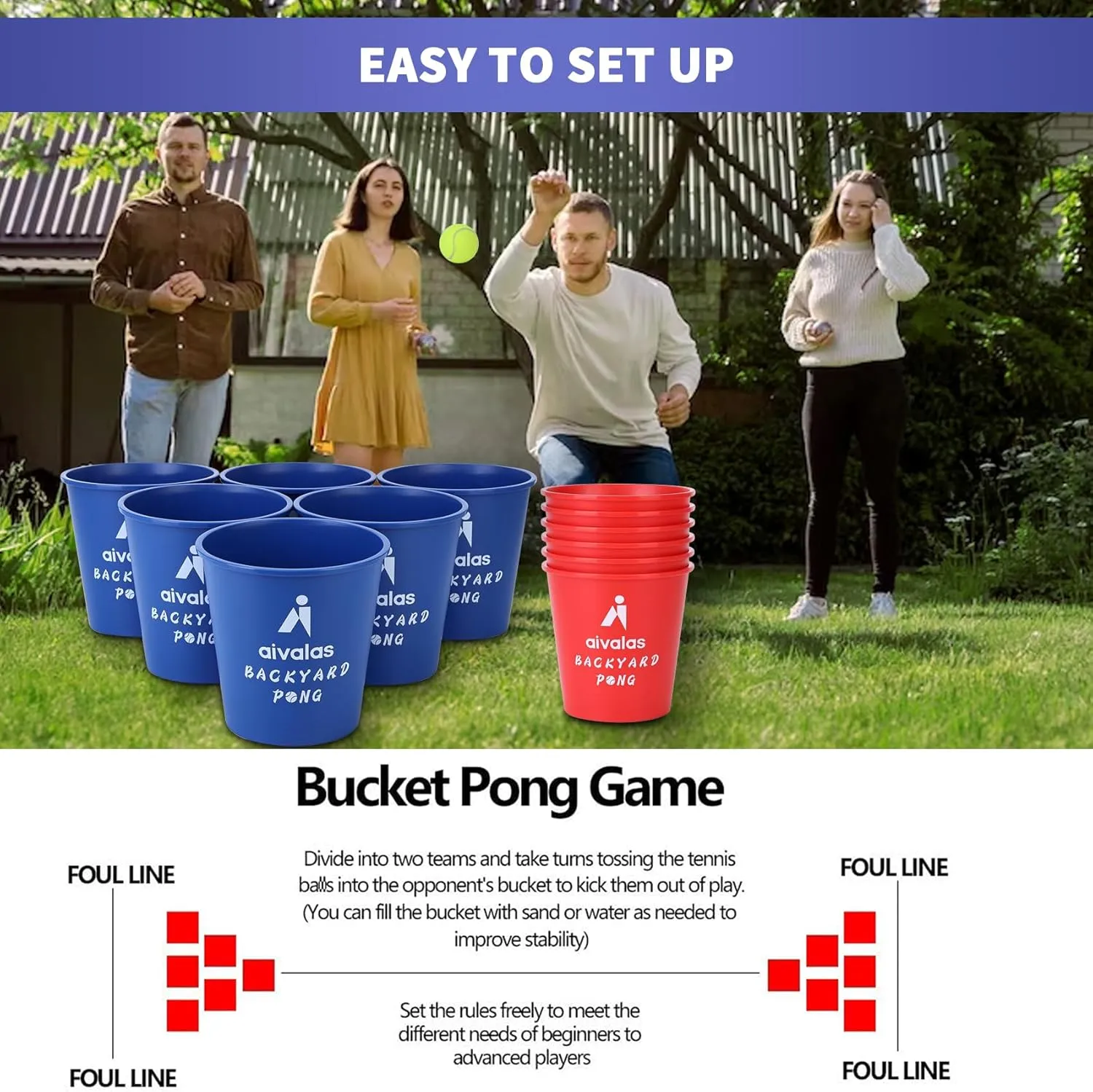 Yard Pong Outdoor Games, Giant Yard Games Set with 12 Buckets and Balls for Adults and Family, Toss Game Throwing Games for Beach, Camping, Lawn and Backyard