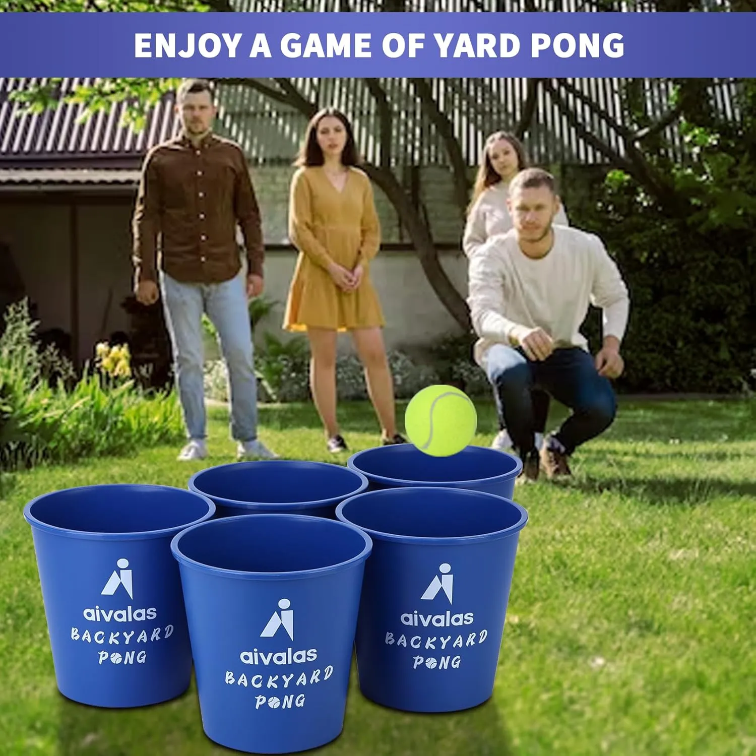 Yard Pong Outdoor Games, Giant Yard Games Set with 12 Buckets and Balls for Adults and Family, Toss Game Throwing Games for Beach, Camping, Lawn and Backyard