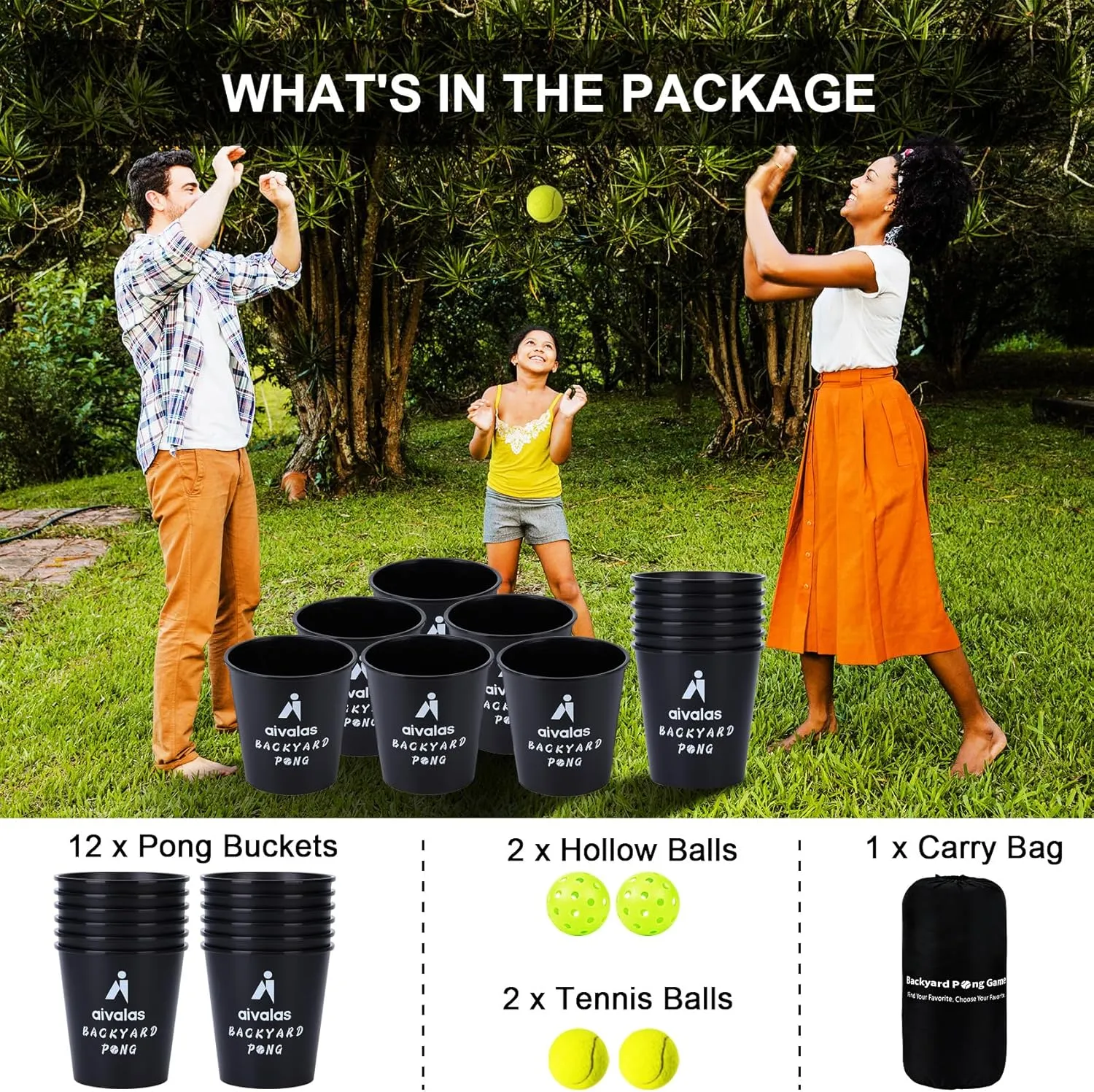Yard Pong Outdoor Games, Giant Yard Games Set with 12 Buckets and Balls for Adults and Family, Toss Game Throwing Games for Beach, Camping, Lawn and Backyard