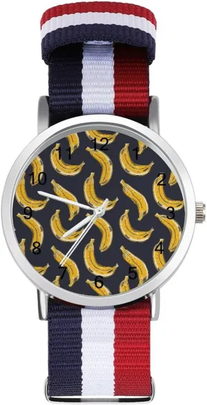 Yellow Banana Cartoon Unisex Watch Lightweight Breathable Woven Nylon Wrist Strap Watch with Metal Buckle
