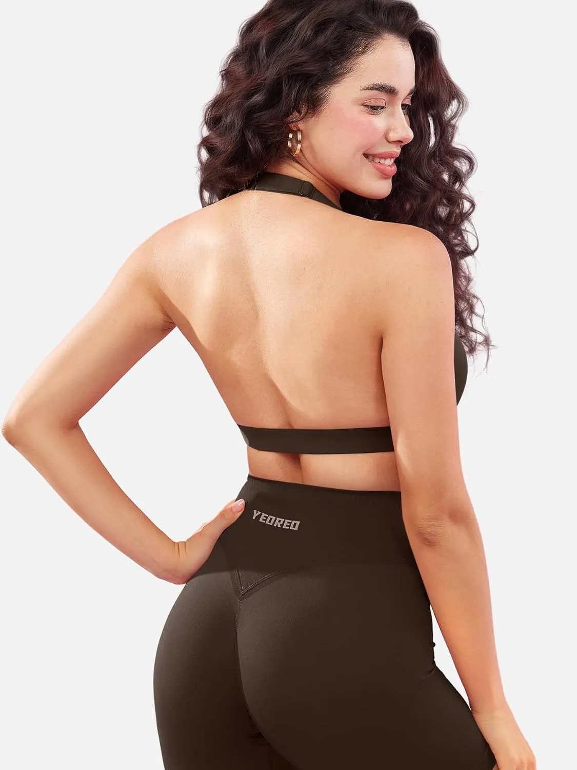 YEOREO Roxanie Women Halter Sports Bra Scoop Neck Removable Padded Open Back Yoga Workout Crop Tank Top