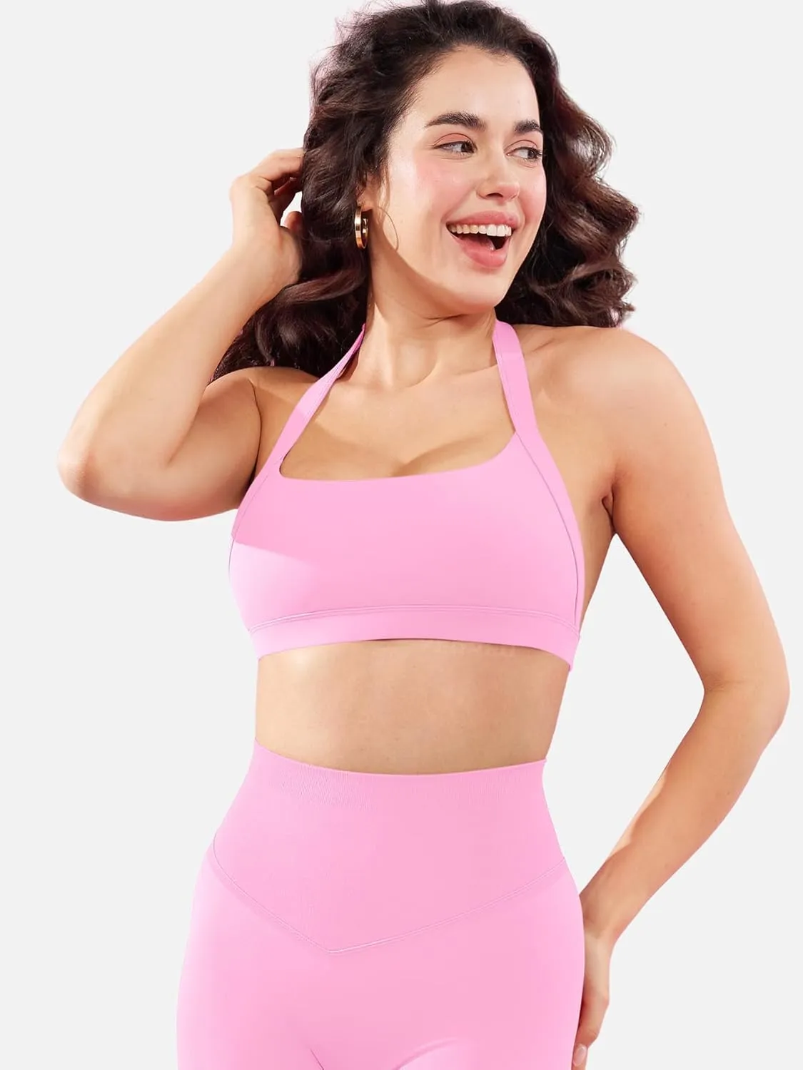 YEOREO Roxanie Women Halter Sports Bra Scoop Neck Removable Padded Open Back Yoga Workout Crop Tank Top