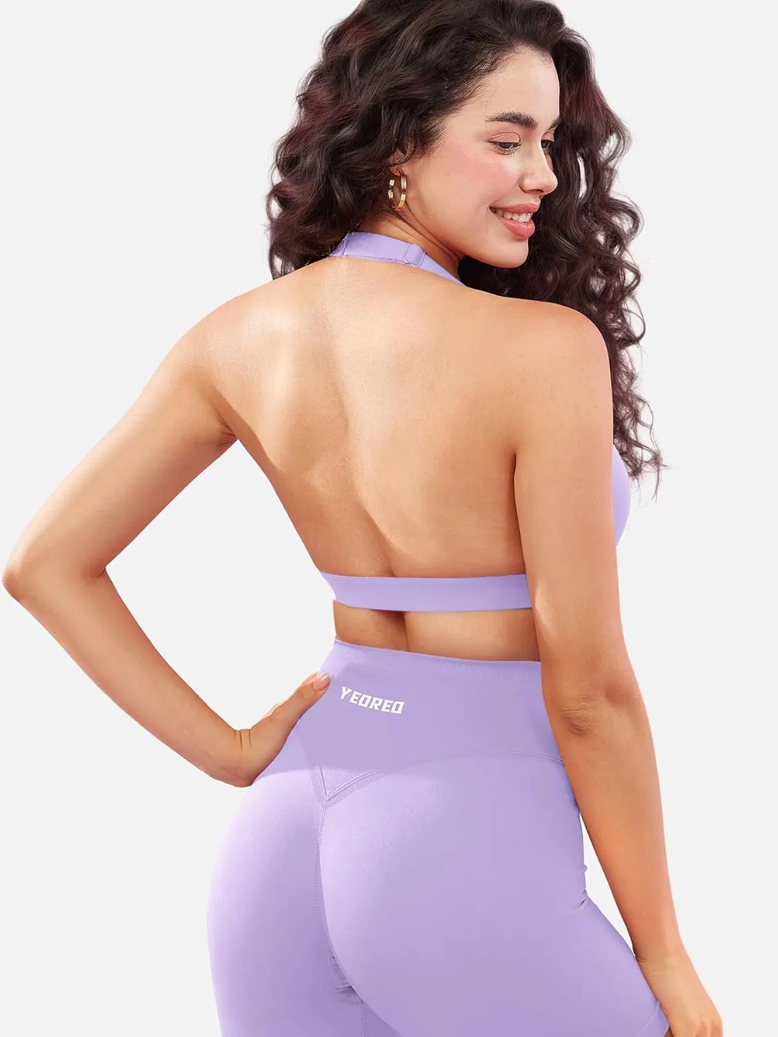 YEOREO Roxanie Women Halter Sports Bra Scoop Neck Removable Padded Open Back Yoga Workout Crop Tank Top