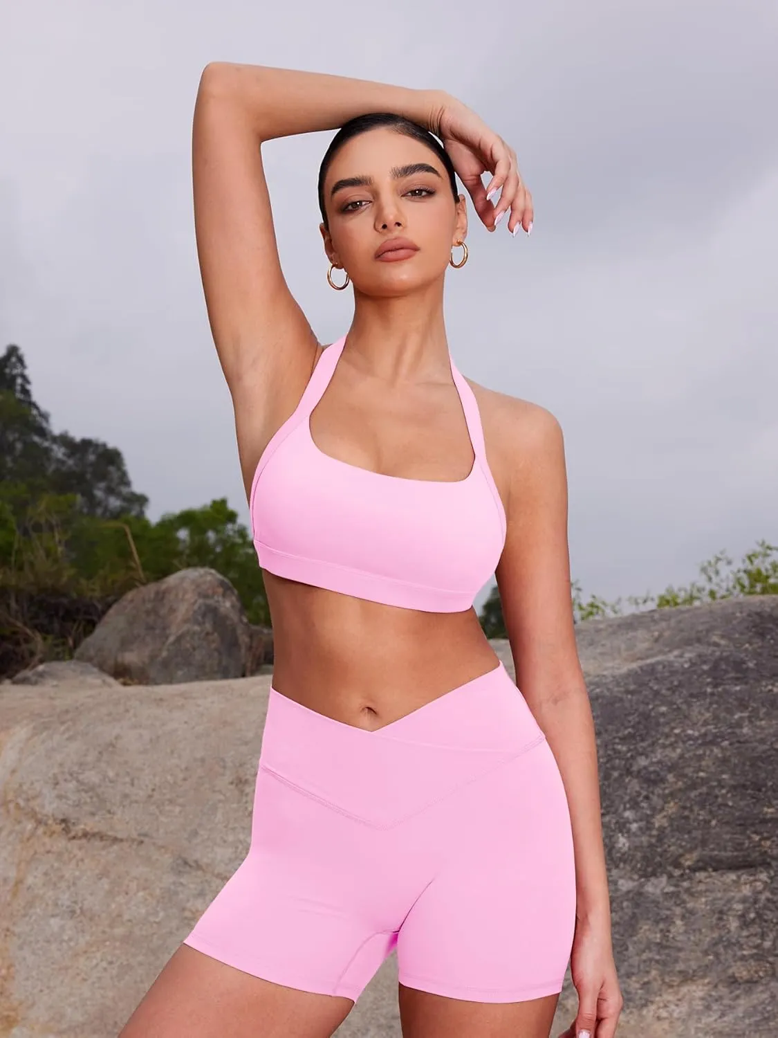 YEOREO Roxanie Women Halter Sports Bra Scoop Neck Removable Padded Open Back Yoga Workout Crop Tank Top
