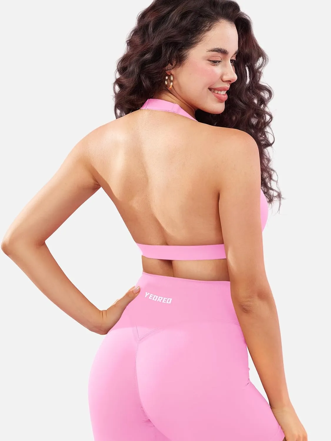 YEOREO Roxanie Women Halter Sports Bra Scoop Neck Removable Padded Open Back Yoga Workout Crop Tank Top
