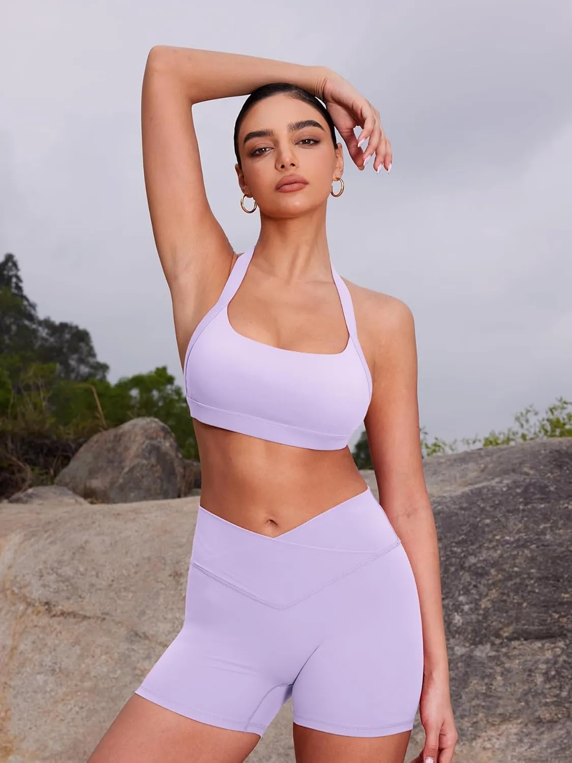 YEOREO Roxanie Women Halter Sports Bra Scoop Neck Removable Padded Open Back Yoga Workout Crop Tank Top