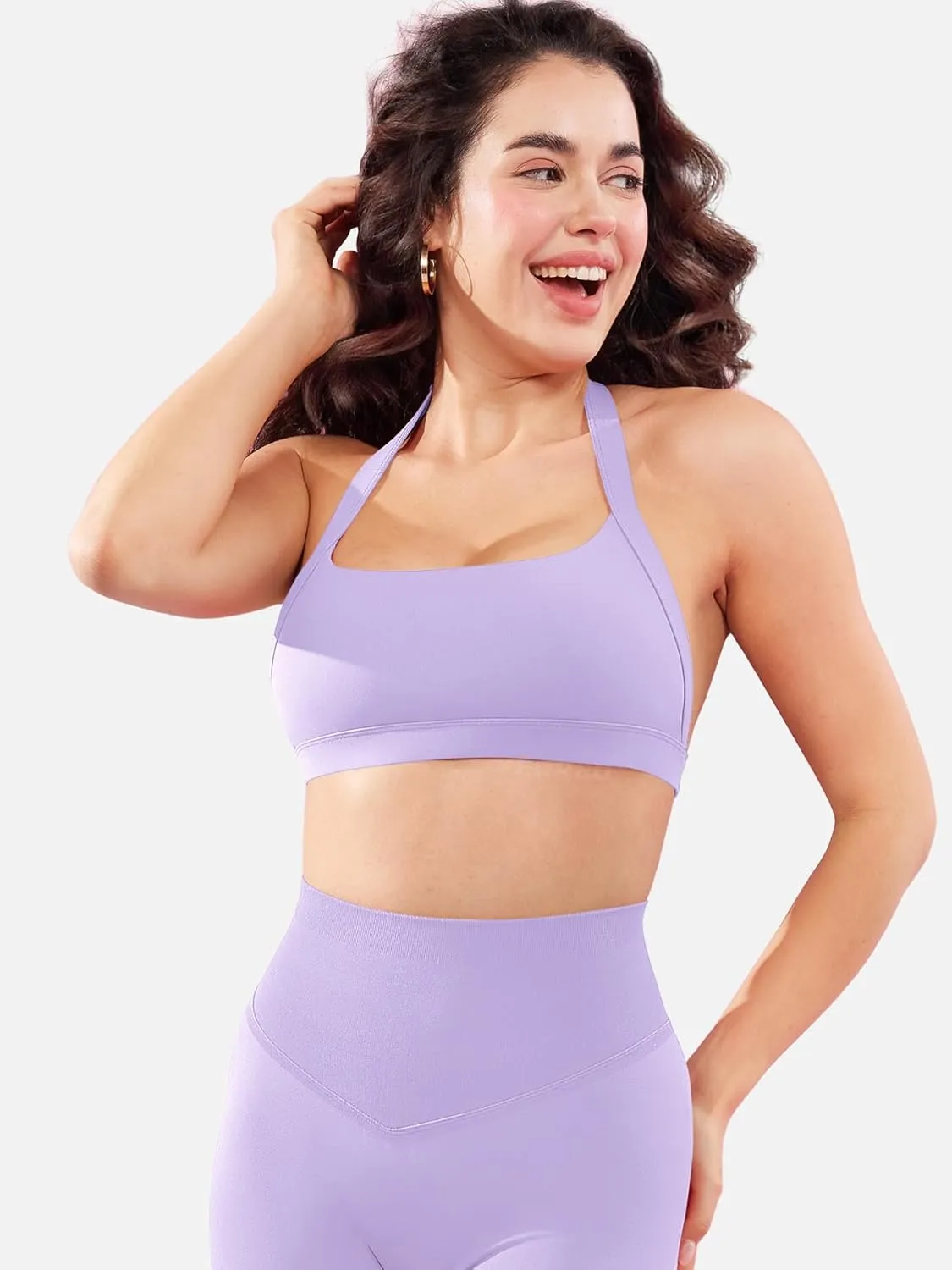 YEOREO Roxanie Women Halter Sports Bra Scoop Neck Removable Padded Open Back Yoga Workout Crop Tank Top