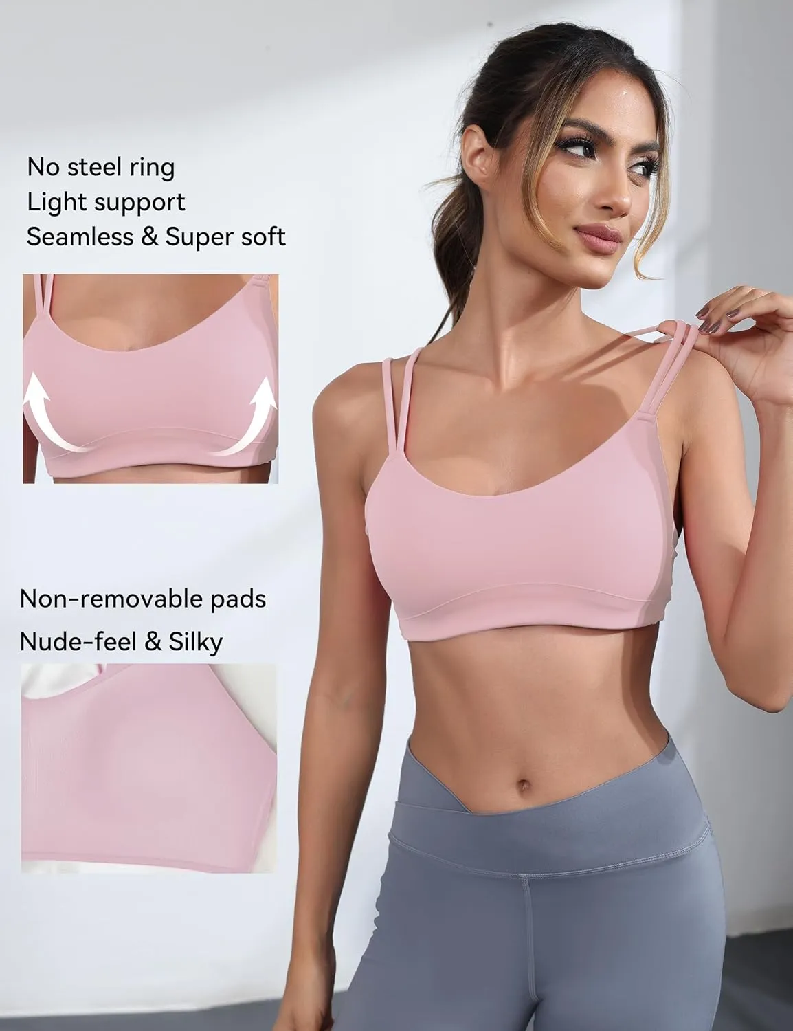 Yoga Sports Workout Bras for Women Seamless Molded Cup Spaghetti Double Strap Bra Wirefree Scoop Neck Tank Top Bras