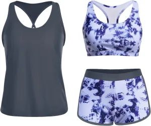 Yonique 3 Piece Athletic Tankini Swimsuits for Women with Shorts Swim Tank Tops with Sports Bra and Boyshorts Bathing Suits
