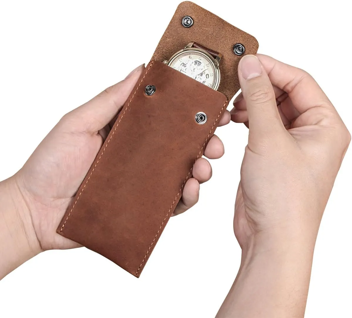 YUONNY Genuine Leather Watch Storage Pouch, Single Watch Bag with Snap Button, Portable Travel Watch Bag Case for Men and Women, Jewelry Bracelet Storage Leather Pouch Bag for Gift (Brown)