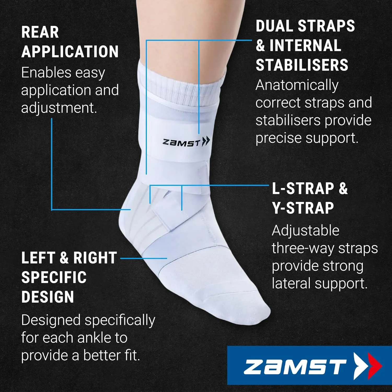 Zamst A1 White Ankle Brace for Sports - Breathable Sports Ankle Support for Men and Women with Adjustable Three Way Straps for Moderate Lateral Ankle Sprain - Right, Small