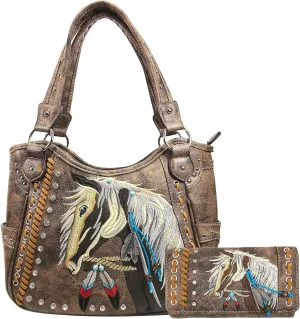Zelris Dakota Dales Pony Horse Embroidery Mane Western Country Women Conceal Carry Tote Purse with Matching Wallet Set