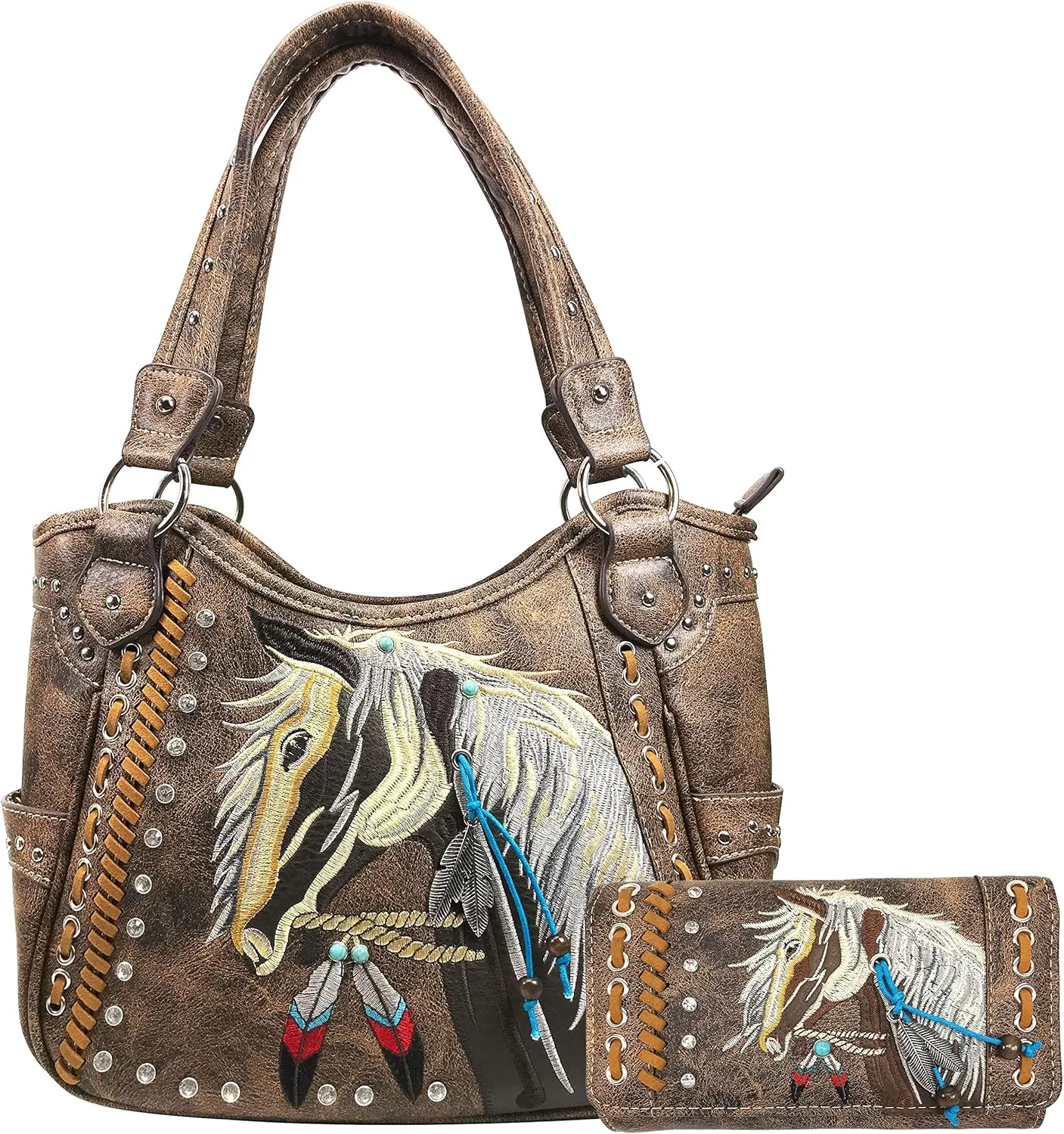 Zelris Dakota Dales Pony Horse Embroidery Mane Western Country Women Conceal Carry Tote Purse with Matching Wallet Set