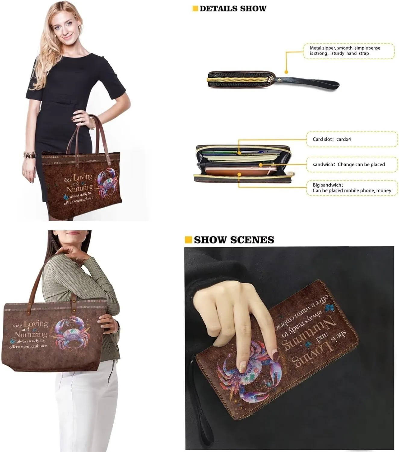 Zodiac Print Purse and Wallet Set for Women Lady, Large Tote Bag Top Handle Purse with Leather Wallet for Travel Date