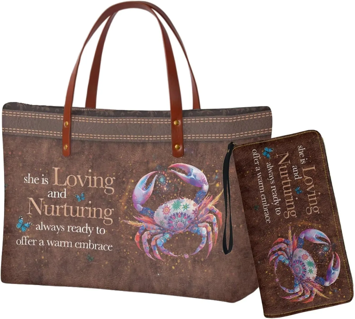 Zodiac Print Purse and Wallet Set for Women Lady, Large Tote Bag Top Handle Purse with Leather Wallet for Travel Date