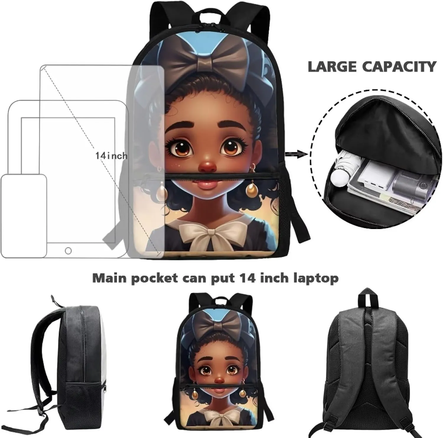 ZOUTAIRONG African Black Girl Backpack for School Teens Girls Afro American Schoolbags Kids 9-10 6-8 Bookbags Princess Middle Elementary School Bag Packs Lightweight